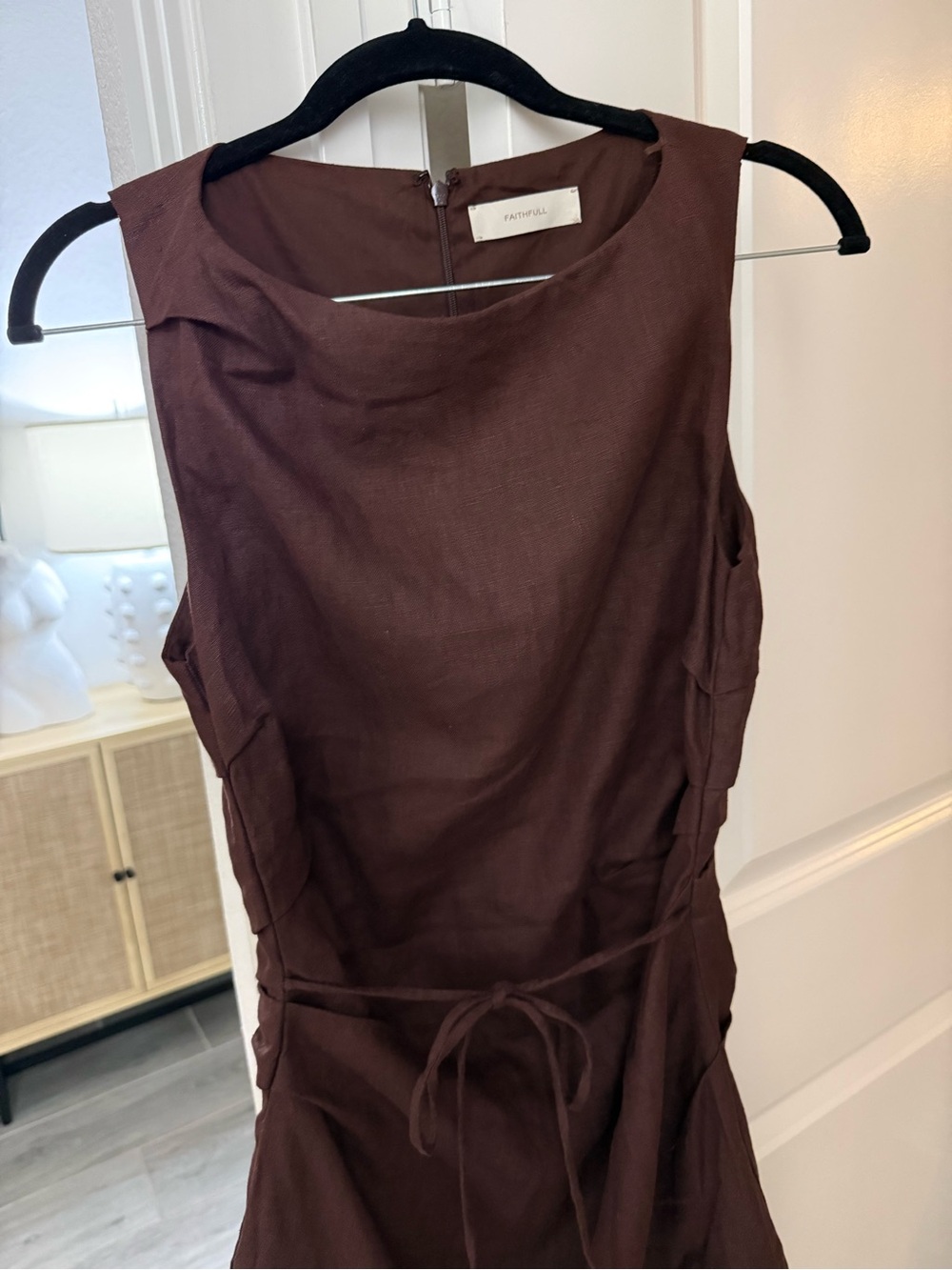 Brown Linen Blend Mini Dress - Picture 5 of 6
